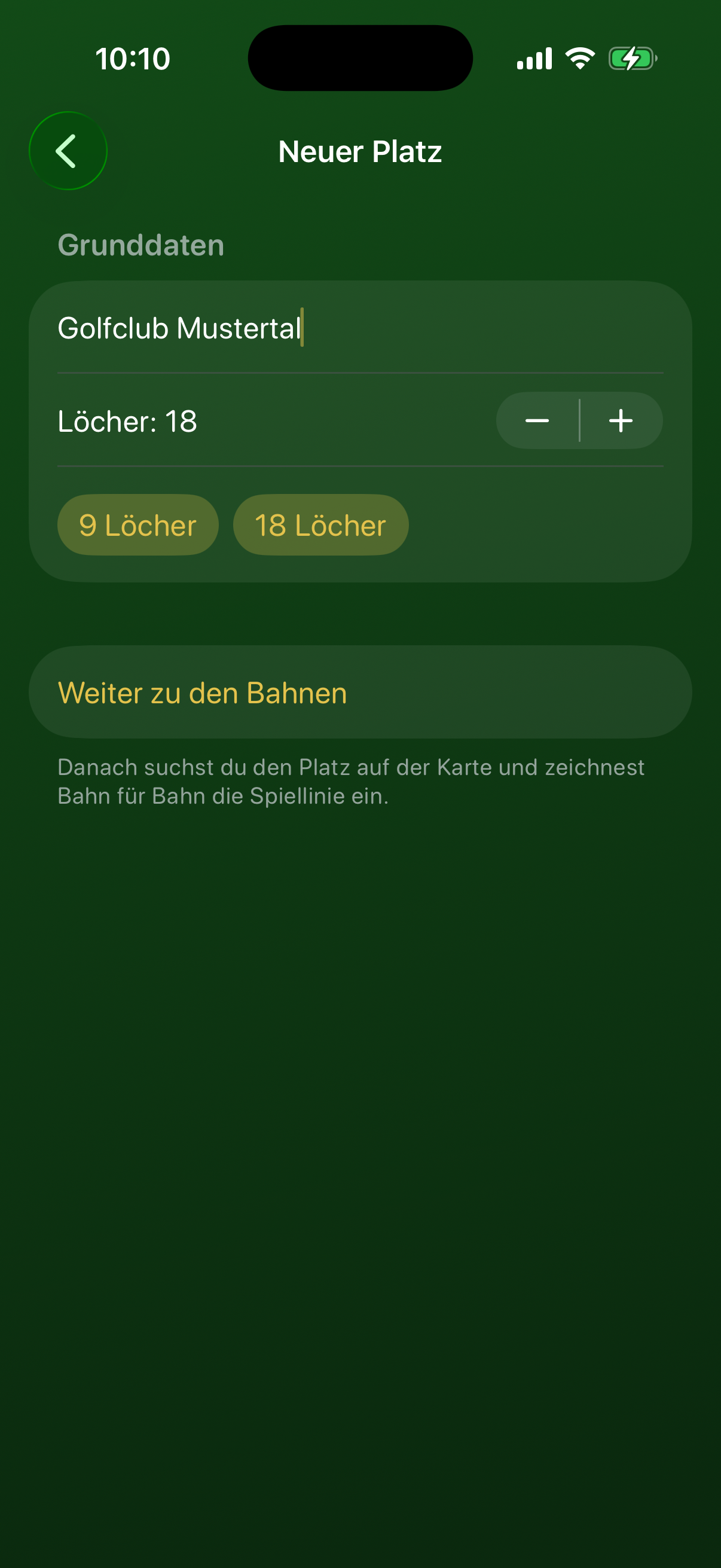 Neuen Platz anlegen: Name und Lochzahl eingeben, danach Bahn für Bahn die Spiellinie einzeichnen